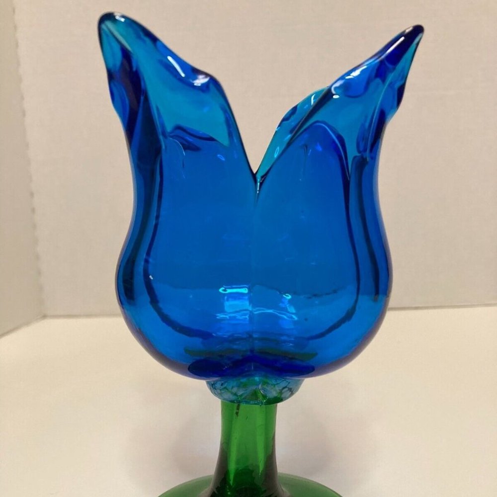 Blue & Green Tulip/Flower Hand Blown Vase - Art Glass - Contemporary